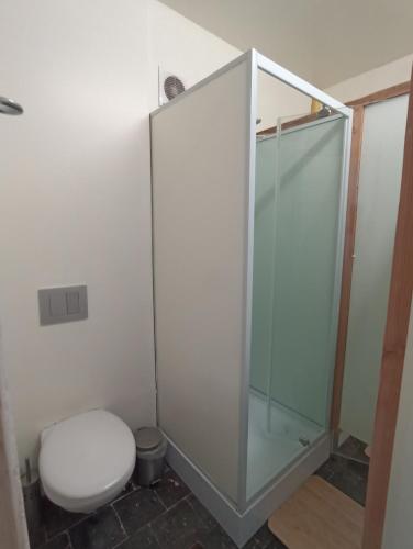 une salle de bain avec toilettes et douche en verre dans l'établissement chambre pour 2, à Osmanville