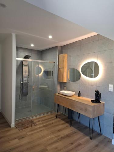 une salle de bain avec un lavabo et une douche dans l'établissement Le Maclo, à Bétaille