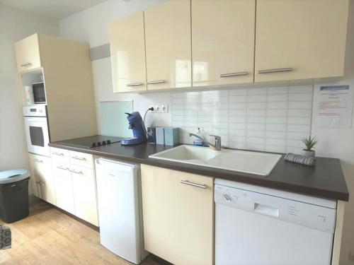 a kitchen with a sink and a counter top at Le Capitaine Jack in Trouville-sur-Mer