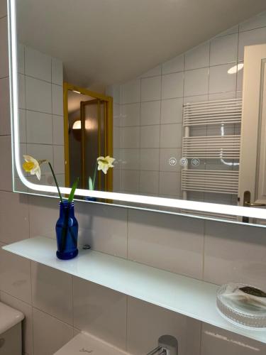 a bathroom with a mirror and a blue vase with flowers at Chalet La Forestière in Saint-Paul-en-Chablais