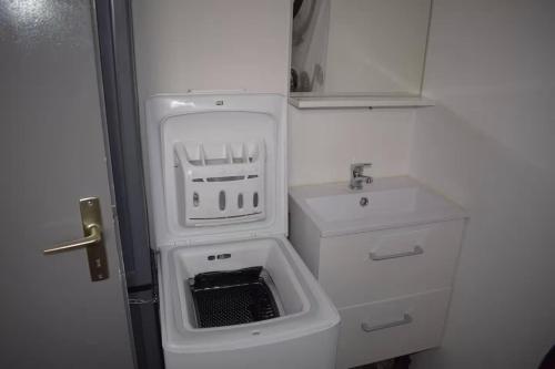 une salle de bain avec un lavabo et une machine à laver dans l'établissement Vacances pour tous en Camargue, à Arles
