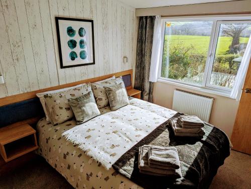 a bedroom with a bed with pillows and a window at Sarn Y Glyn in Mid Wales Cambrian Mountains near Llanidloes Powys in Caersws