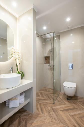 a bathroom with a toilet and a sink and a shower at Alysos Luxurious Apartments in Mirina