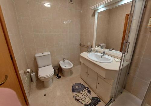 a bathroom with a toilet and a sink and a mirror at Silver Waves in Vila Nova de Gaia