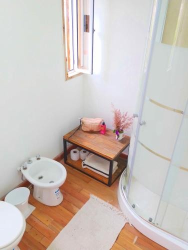 ein Badezimmer mit Dusche, Toilette und einem Tisch in der Unterkunft Družina Embalse Calamuchita in Embalse