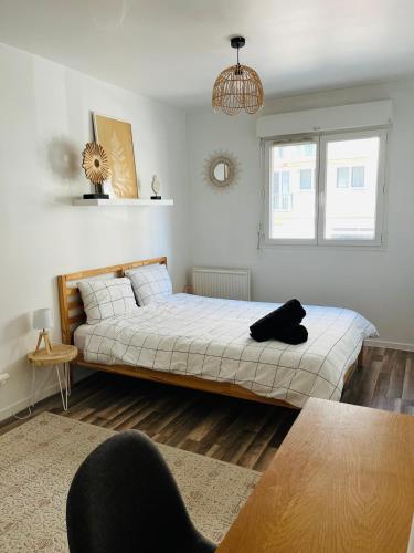 une chambre avec un grand lit dans une pièce dans l'établissement Appartement Le Renard - F2 parking calme, à Rouen