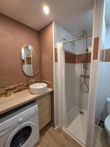 une salle de bain avec une machine à laver et un lavabo dans l'établissement La tête dans les nuages, à Balaruc-les-Bains
