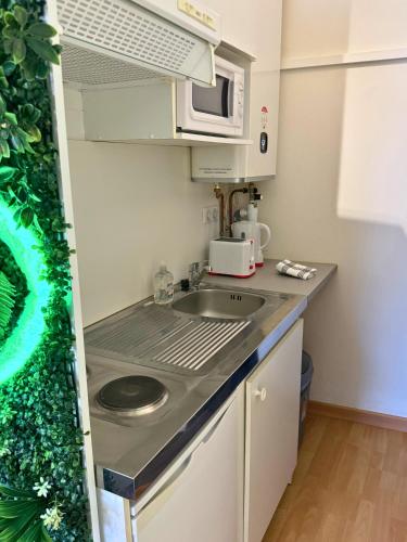 une petite cuisine avec un évier et un micro-ondes dans l'établissement Pitchoune - Centre -Wifi - Equipé, à Dax