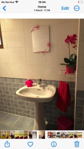 a bathroom with a sink and a mirror and red towels at Large 1 bed apartment in the beautiful countryside in Rute