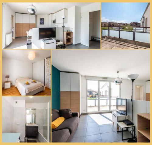 un collage de photos d'un appartement dans l'établissement Geneva Side I T2 I Ferney-Voltaire, à Ferney-Voltaire