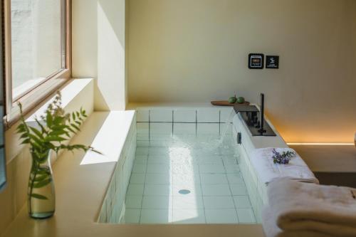 a bathroom with a plunge pool with a vase at The Long Circle House in Yanqing