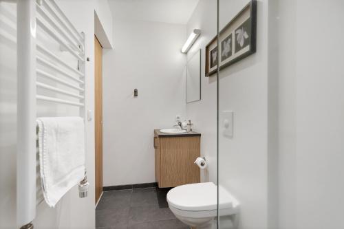a white bathroom with a toilet and a sink at Blue Mountain Apartments by Heimaleiga in Reykjavík