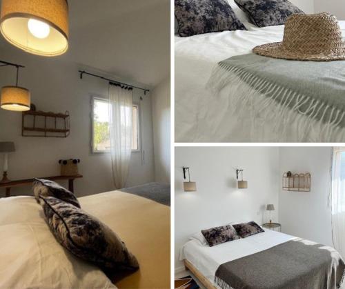 - deux photos d'une chambre avec un lit et une fenêtre dans l'établissement Villa Fiori Porto Vecchio avec piscine privée, à Porto-Vecchio