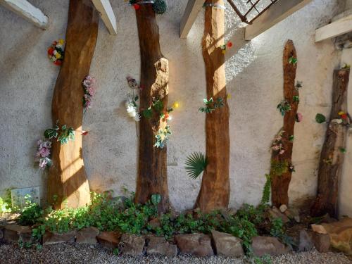 a group of three trees in a garden at Les Papillons in Vrolle