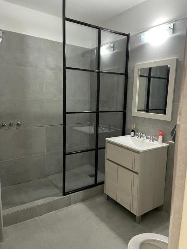 a bathroom with a shower and a sink and a toilet at Torre Kalinka dos dormitorios pleno centro 6 personas in Villa Carlos Paz