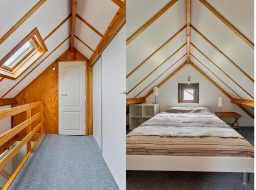 Habitación con cama y escalera en el ático en Park Haerendycke Vis81, en Wenduine