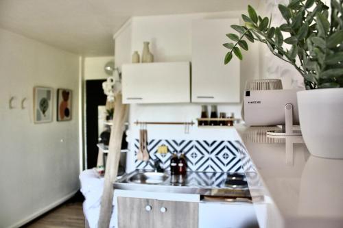 une cuisine avec un évier et un plan de travail dans l'établissement Petit Studio - Metro B - Hôpital Lyon Sud, à Saint-Genis-Laval