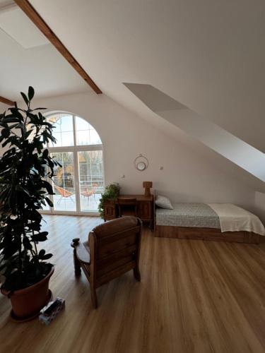 a bedroom with a bed and a potted plant at Apartament Jezioro Łabędzie in Białla
