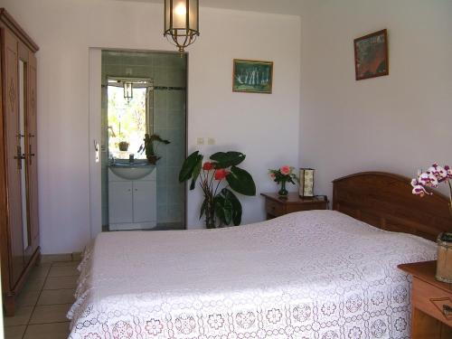 a bedroom with a bed and a glass door at Holiday Home La Caverne Des Hirondelles in Saint-Joseph