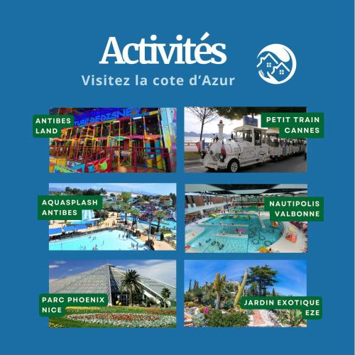 un collage de photos de complexes et d'attractions aventures dans l'établissement Cannes Authentique, hypercentre, à 1 minute de la mer et 5 minutes du palais, à Cannes