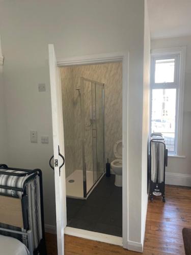 ein Bad mit einer Dusche und einem WC in einem Zimmer in der Unterkunft Bayside in Paignton