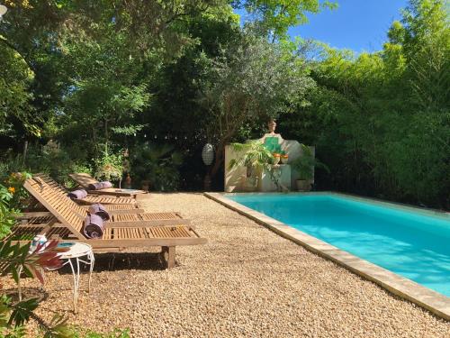 - une piscine avec 2 bancs à côté d'une piscine dans l'établissement Maison d'Hôtes La Boca, à Sommières