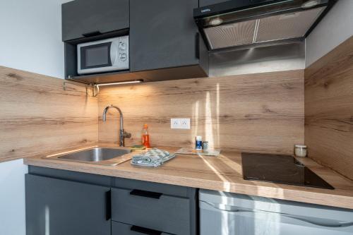 une cuisine avec un évier et un micro-ondes dans l'établissement Le Rivage - Wifi - Centre-ville, au Mans