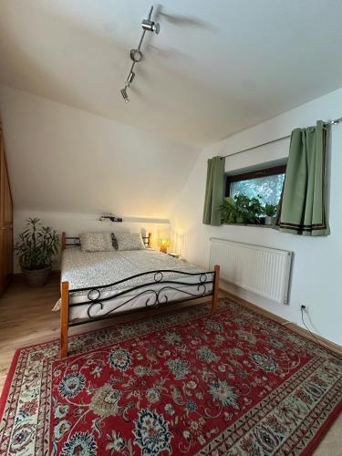 a bedroom with a bed and a red rug at Pokój Cień Paproci in Białla
