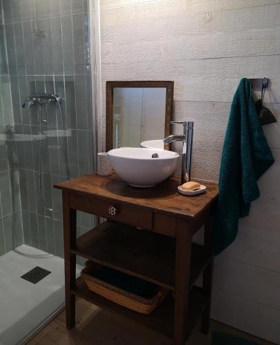 La salle de bains est pourvue d'un lavabo et d'un miroir sur une table. dans l'établissement le Nid de la Monne, à Le Vernet-Sainte-Marguerite