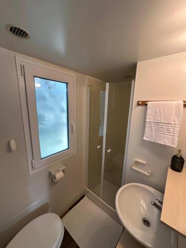 a bathroom with a shower and a toilet and a sink at Mobile Home Olive Tree in Pakoštane