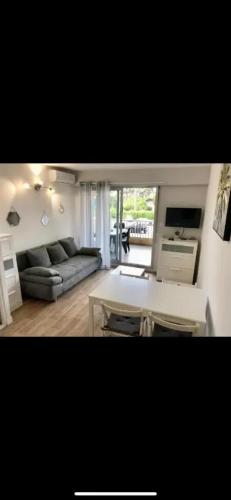 un salon avec un canapé et une table dans l'établissement Charmant studio à Hyères avec balcon - 25 m², à Hyères