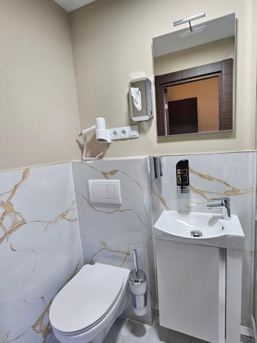 a bathroom with a toilet and a sink and a mirror at Hotel City Faber in Worms