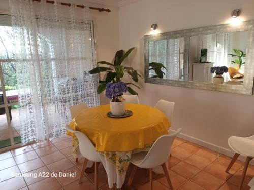 une salle à manger avec une table et des chaises jaunes dans l'établissement La Cigale, à Grimaud