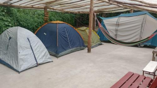 a group of tents under a wooden roof at Refugio Los Naranjales in El Colegio