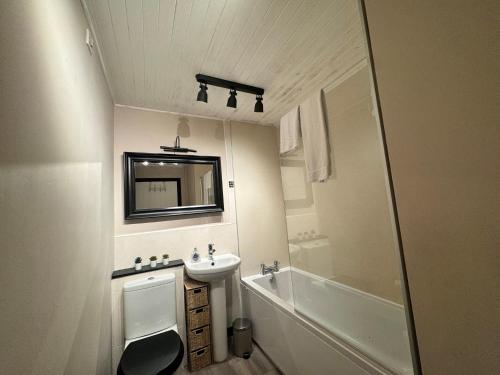 une salle de bain avec un lavabo, des toilettes et une douche dans l'établissement Eriskay cottage, Denholm, Scottish Borders, à Denholm