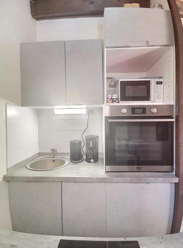 une cuisine avec un évier et un micro-ondes dans l'établissement Bois de Jade N100, à Argelès-sur-Mer