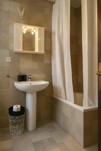 a bathroom with a sink and a shower at Elia & Petra Villa in Prinos