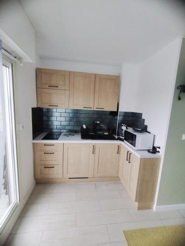 une cuisine avec un évier et un micro-ondes dans l'établissement Petit cocon baigné de lumière, au Grau-du-Roi