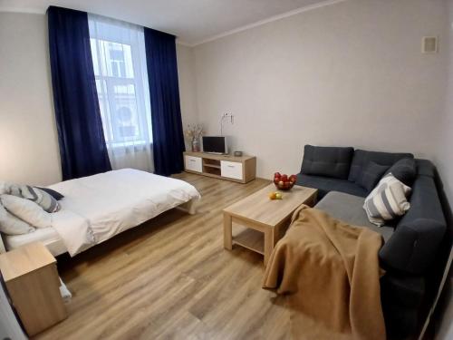 Ένα ή περισσότερα κρεβάτια σε δωμάτιο στο Skelnaia Apartment