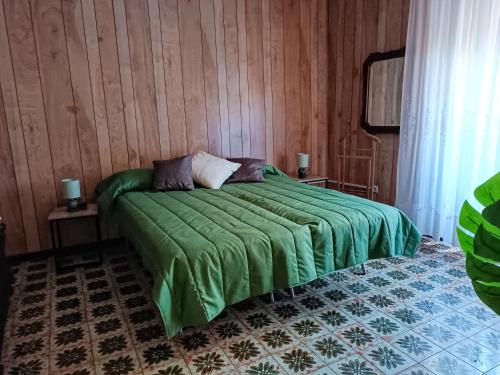 a bedroom with a green bed with wooden walls at Su 'e Torigheddu - Casa con terrazza panoramica in Cuglieri
