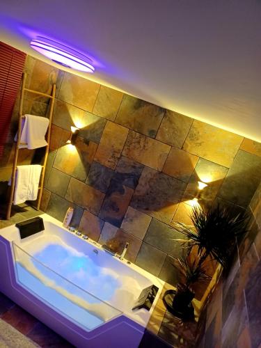 une baignoire dans une pièce avec un mur en pierre dans l'établissement Maison climatisée au calme proche des commerces, à Baume-les-Dames