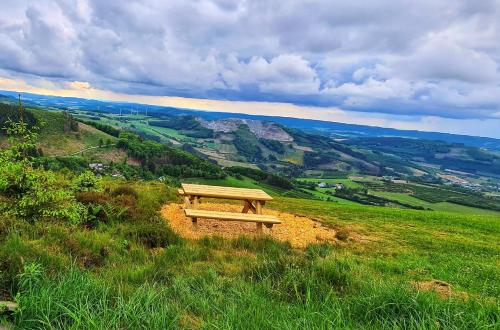 a wooden bench sitting on top of a hill at Ferienwohnungen Dorfliebe Dörnberg WALDBLICK in Bestwig