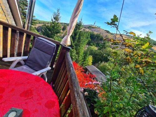 a chair and a table on a balcony with flowers at Ferienwohnungen Dorfliebe Dörnberg WALDBLICK in Bestwig