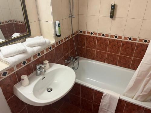 a bathroom with a sink and a bath tub at Hôtel Restaurant Au Relais D'Alsace in Rouffach