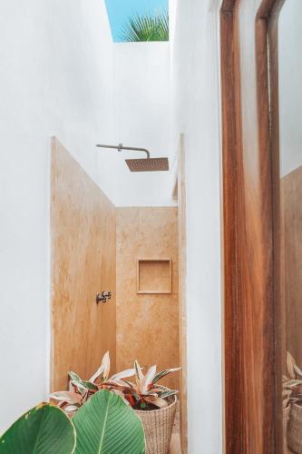 a bathroom with a mirror and plants in it at Amari Sayulita Boutique Hotel in Sayulita