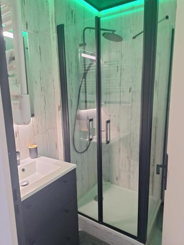 une salle de bain avec une douche en verre et un lavabo dans l'établissement Mer et sable, à Cabourg