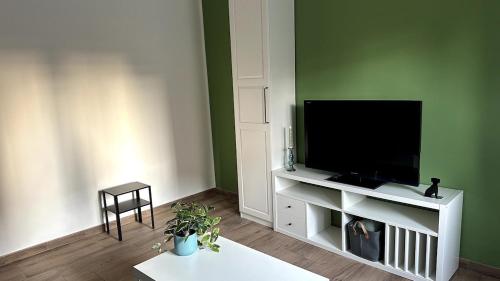 a living room with a flat screen tv on a green wall at A casa di Agata in Capua