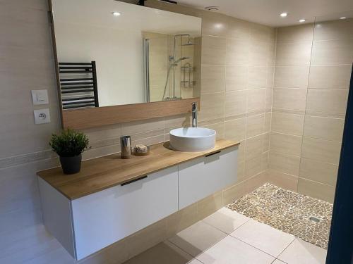 une salle de bain avec un lavabo et un miroir dans l'établissement Valras maison bord de mer, à Sérignan