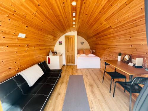 sala de estar con sofá en una sala de madera en Woodside Pod, en Corpach