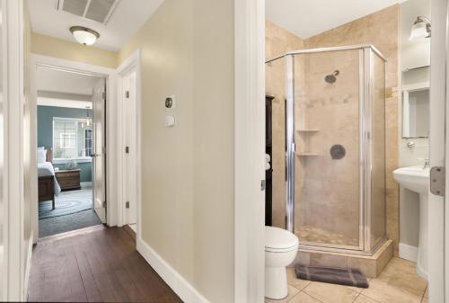 a bathroom with a shower and a toilet at 4 bedroom Private House in central Chico in Chico